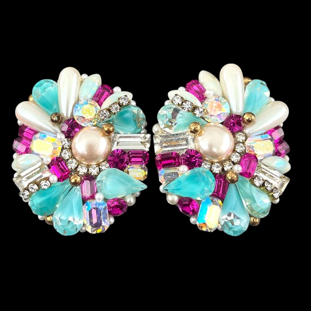 Vintage 1980s Statement Earrings Pink Teal Crystal Cluster Resin Back - 3U